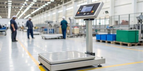 Intelligent Data-Gathering with Smart Scales An intelligent industrial scale on a factory floor displaying data