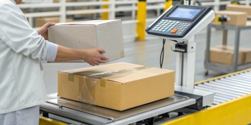 An integrated label printing scale in action at a packaging station