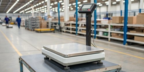 Integrated Printer Scale for Industrial Use An integrated weighing and printing scale in a factory setting
