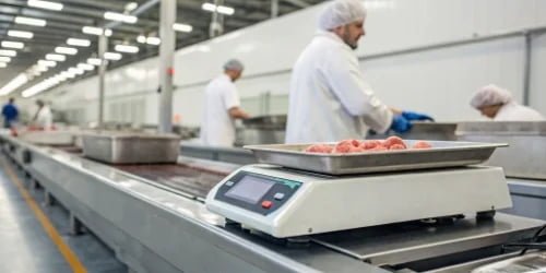 A smart scale in a food processing facility printing a traceability label