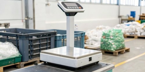 On-Demand Label Printing Scale A modern on-demand label printing scale in a clean warehouse setting, printing a single, crisp label.