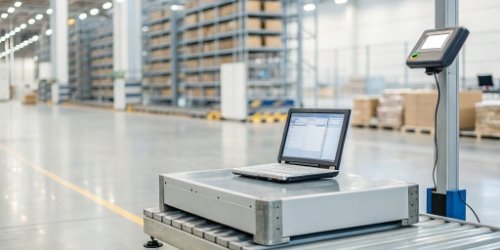 Scale ERP Integration An industrial scale connected to a computer showing ERP software graphics