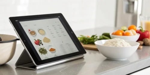 Intelligent Scale for Recipe Management An intelligent scale with a touchscreen displaying a complex recipe formula.