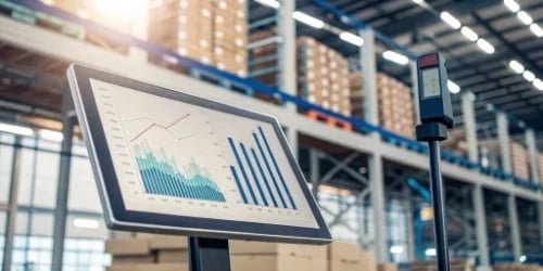 An illustration of analytics dashboards and charts rising from a smart industrial scale