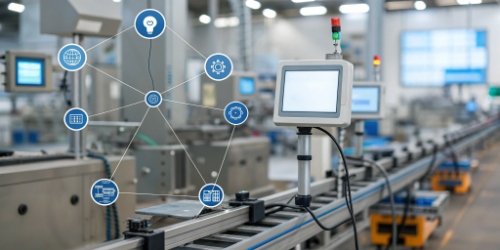 The Role of IoT Scales in Industry 4.0 An IoT industrial scale connected to a network of digital icons representing a smart factory.