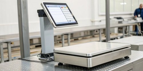 a programmable weighing scale connected to a computer system showcasing custom software interface