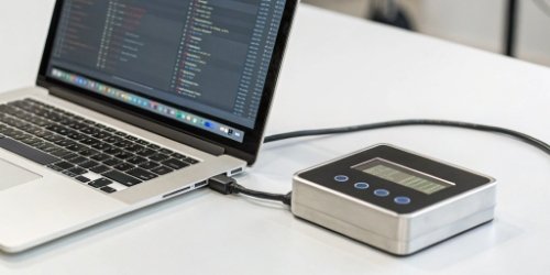 Programmable Scale Software Development A programmable scale indicator connected to a laptop, showing code and data.