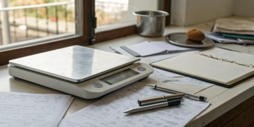 Manual vs. Digital Weighing A messy desk with handwritten notes next to a clean, modern industrial scale display.