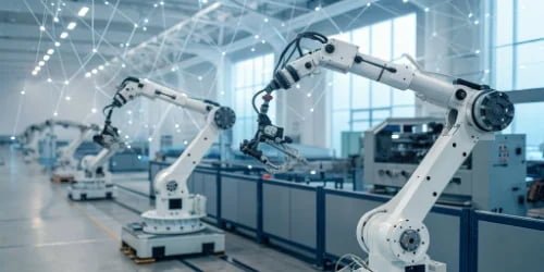 Future of IIoT Weighing A futuristic factory floor with interconnected robotic arms and data overlays