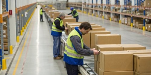 An organized warehouse with workers checking labels on boxes