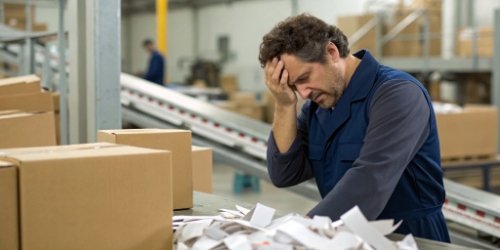 The High Cost of Manual Labeling Mistakes A frustrated worker looking at a pile of misprinted labels in a warehouse