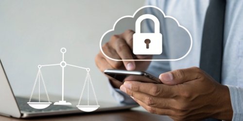 A secure lock icon layered over a cloud and a scale, symbolizing data security from device to cloud.