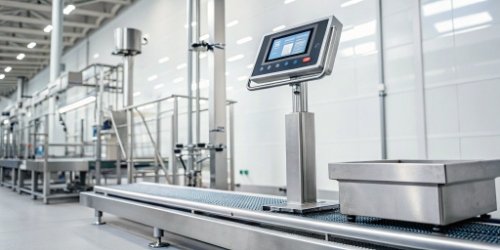 A futuristic industrial scale with data visualizations