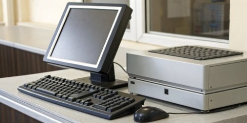 A programmable scale terminal displaying a custom application next to a traditional PC setup.