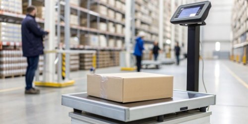 a Weigherps industrial label printing scale accurately weighing a package and printing a shipping label in a warehouse