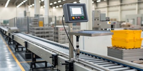 Smart Scale Streamlining Production A smart industrial scale integrated into a production line, showing data on a screen.