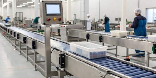An automated checkweigher system on a modern production line