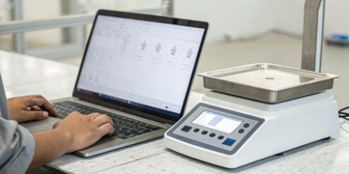 A custom user interface being designed on a computer screen next to a programmable weighing scale