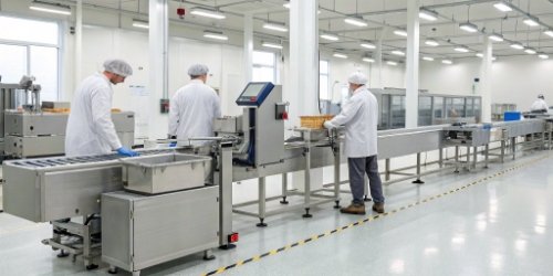 A semi-automated weighing and labeling station in a clean factory environment