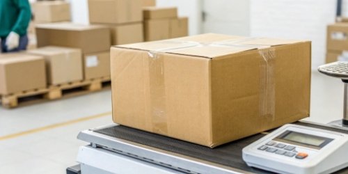 a close up of a freshly printed shipping label with accurate weight information next to a package on a scale