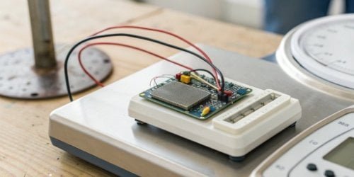 A close-up of an IoT module being connected to a weighing scale.
