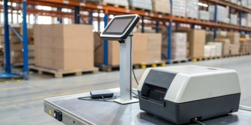 Scale Integrating with Peripherals An industrial scale connected to a barcode scanner and a label printer