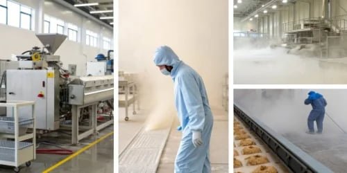 Factors for Choosing a Weighing System A collage of different manufacturing environments: a dusty factory, a wet food processing area, and a cleanroom.