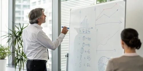 ROI Assessment Steps A manager reviewing ROI calculation steps on a whiteboard