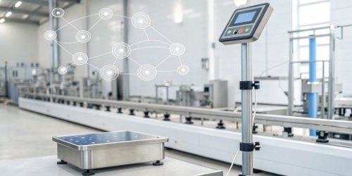 How Intelligent Scales Contribute to Industry 4.0 Goals A diagram showing an IoT scale feeding data into icons for efficiency, automation, and quality control.