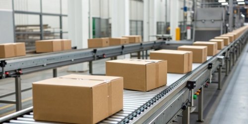 Labeling Errors Halting Production A stopped conveyor belt with boxes waiting for correct labels