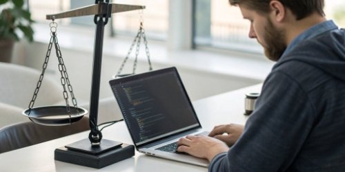 A developer writing code on a laptop connected to a programmable scale.