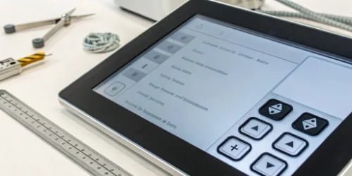 A close-up of a smart scale's touchscreen display showing step-by-step instructions for an operator.