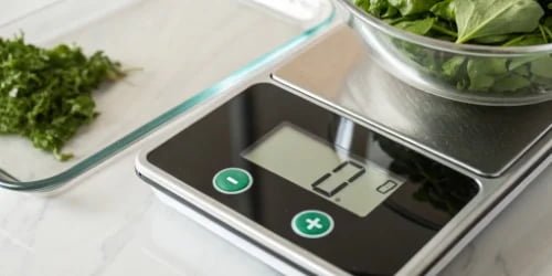 Accurate Weighing with Smart Scales A close-up of a scale's digital display showing a green checkmark for an accurately weighed ingredient.