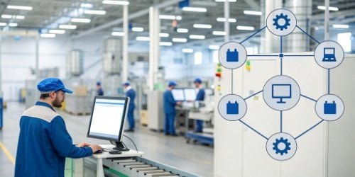 New Smart Scale Capabilities A factory workflow diagram showing a scale connecting to a central computer system.