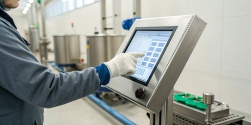 an operator easily navigating a touch screen on an industrial scale with a gloved hand