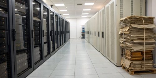Data Security: Digital vs. Paper A secure server room contrasted with a dusty archive room full of paper files.