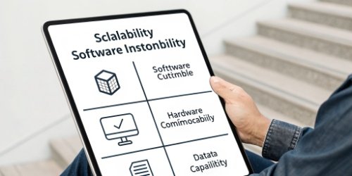 Weighing System Flexibility Criteria A checklist graphic showing icons for scalability, software, hardware, and data integration.