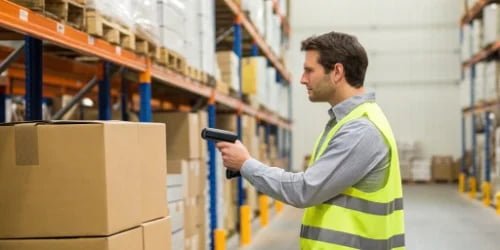 Warehouse worker scanning a barcode on a pallet