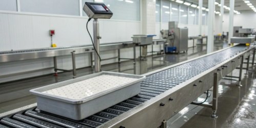 a rugged, waterproof label printing scale operating in a cold and wet food processing facility