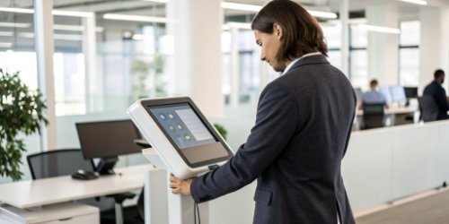 Employee Using Smart Scale with Prompts An employee easily using a smart scale with on-screen prompts.