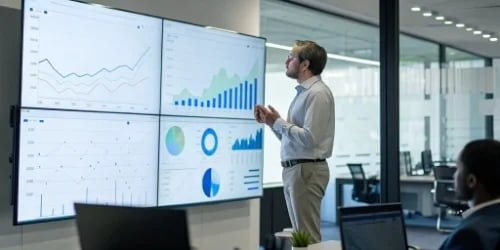 A manager looking at a large screen with charts and graphs, making a business decision