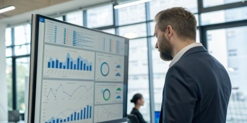Centralized Weighing Data for Decision Making A manager looking at a dashboard on a large screen displaying real-time production charts and KPIs.