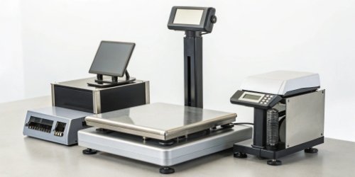 A programmable scale with various peripherals like a scanner and printer attached