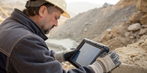 Durable Touchscreen for Industry A worker in a rugged environment using a touchscreen scale with gloves