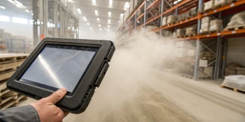 a rugged industrial touchscreen being used in a dusty warehouse environment