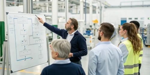 Identifying the Right Weighing Solution A factory manager pointing at a workflow diagram on a whiteboard with a team.