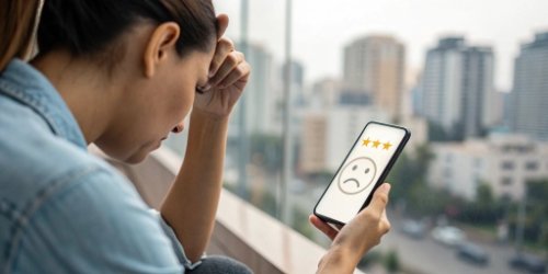 A person leaving a one-star review on their phone