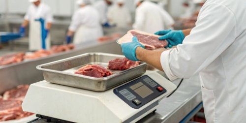 A close-up of a worker using a waterproof label printing scale in a meat processing facility