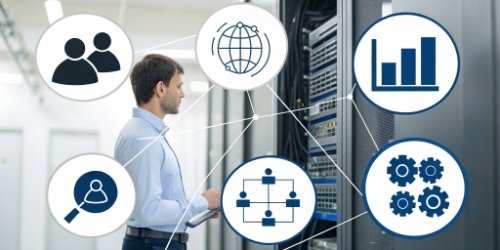 A collage of software feature icons: barcode, user profile, chart report, and database connection.