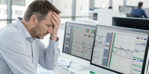 ERP Limitations A frustrated manager looking at a complex ERP system dashboard